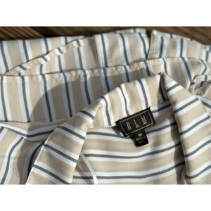 OLM Striped Blouse Women's Size M Tan White Blue Johnny Collar Short Sleeve Work